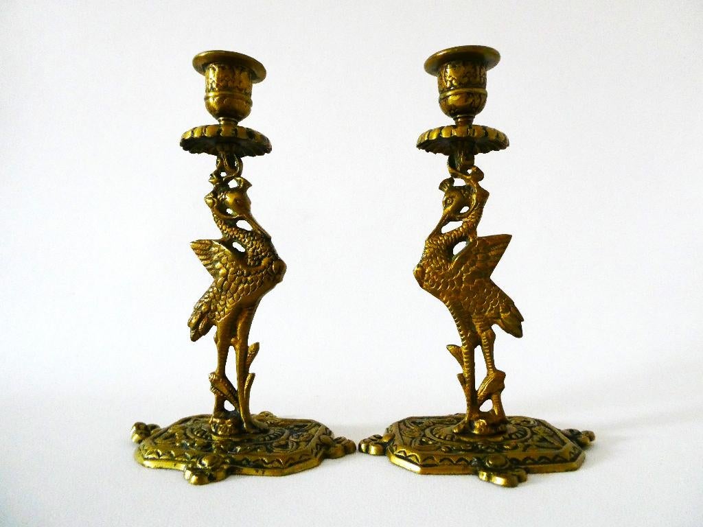 2 Messing kraanvogel kandelaars kandelaar met vogel ooievaar, Ophalen of Verzenden, Koper of Brons