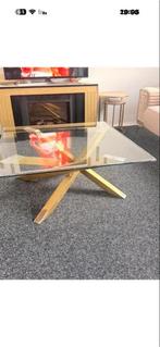 Glazen salontafel 90x90 cm met gouden poten, Huis en Inrichting, Tafels | Salontafels, Ophalen, Gebruikt, Vierkant, 50 tot 100 cm