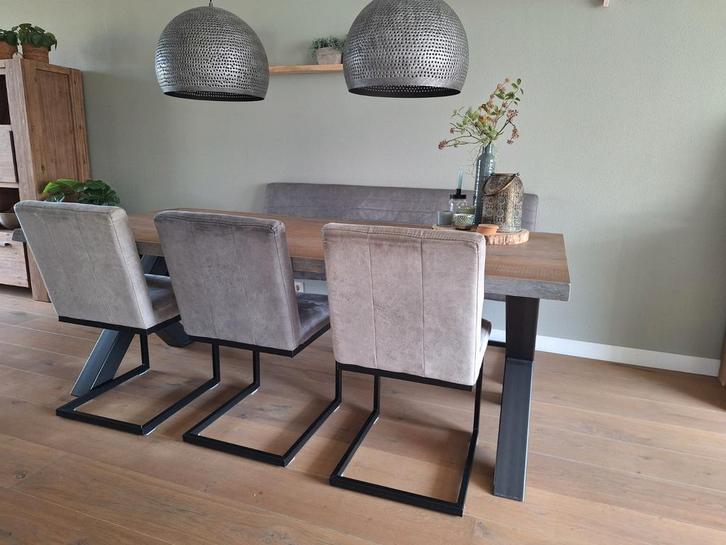 3 eetkamerstoelen + eetbank - industriële look- microleder, Huis en Inrichting, Complete eetkamers, Ophalen