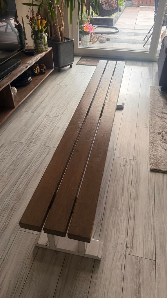 Houten bankje met crème kleurig onderstel, Ophalen, Gebruikt, Bruin, Eén