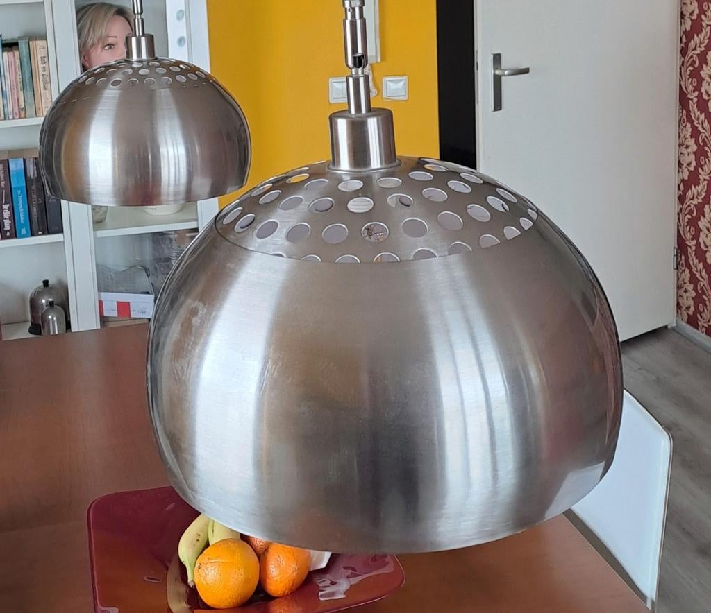 Dubbele rvs hanglamp met knikarmen, Ophalen of Verzenden, 75 cm of meer