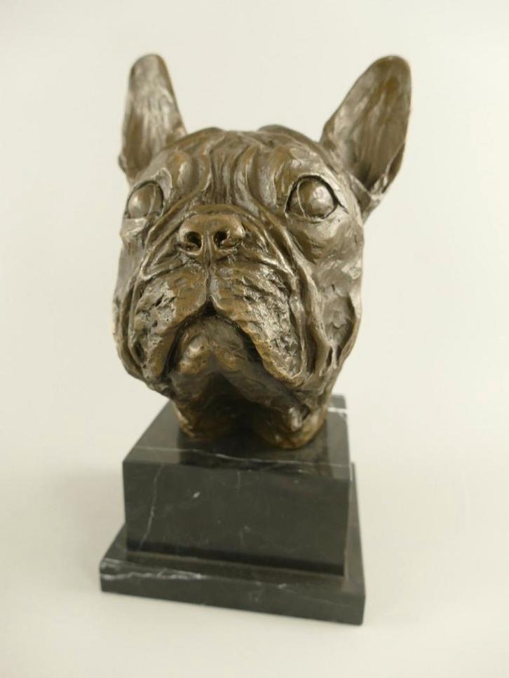 Bronzen Bulldog Beeldje op Marmeren Voet - H.26cm, Antiek en Kunst, Antiek | Koper en Brons, Ophalen of Verzenden