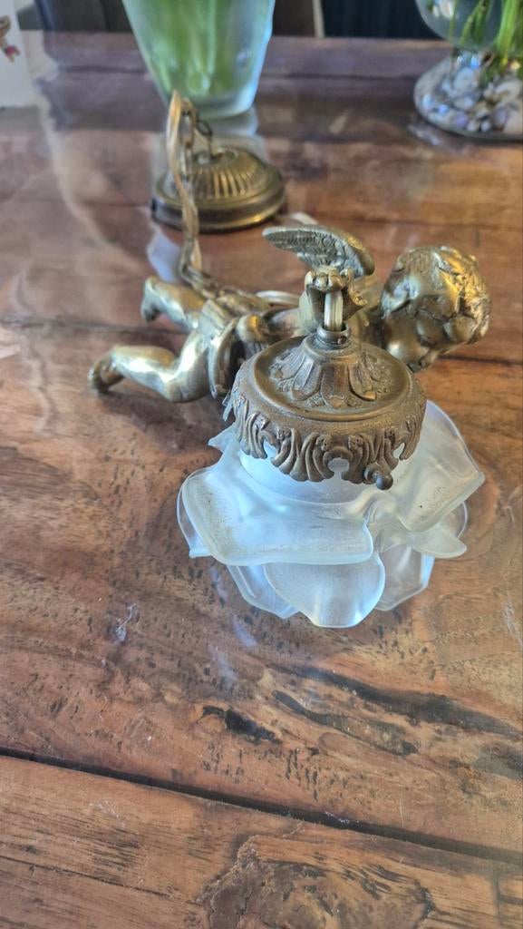 Antieke plafondlamp met engel, glas kapot, Ophalen of Verzenden
