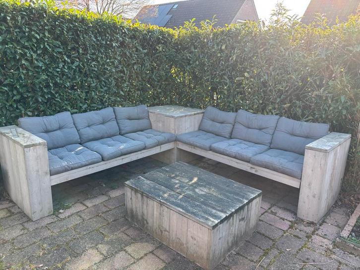 Steigerhouten lounge hoekbank met salontafel en kussens, Tuin en Terras, Tuinsets en Loungesets, Gebruikt, Loungeset, Steigerhout