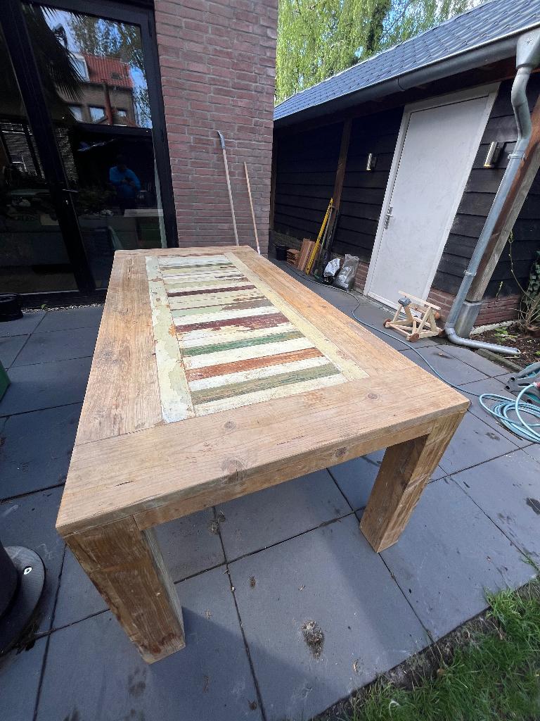 Eettafel, handgemaakt van steigerhout en gekleurd binnenwerk, Ophalen, Gebruikt, 100 tot 150 cm, 200 cm of meer
