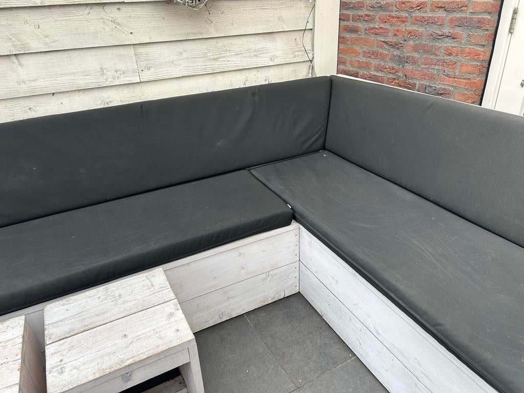 Hoekbank met kussens - Gratis af te halen, Huis en Inrichting, Banken | Complete zithoeken, Gebruikt, Hout, Ophalen