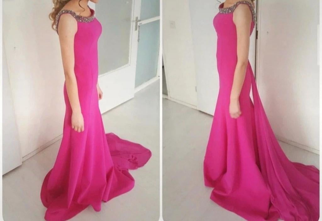 Roze zeemeermin galajurk met kraaltjes en sleep - Maat 36, Galajurk, Ophalen of Verzenden, Zo goed als nieuw, Roze