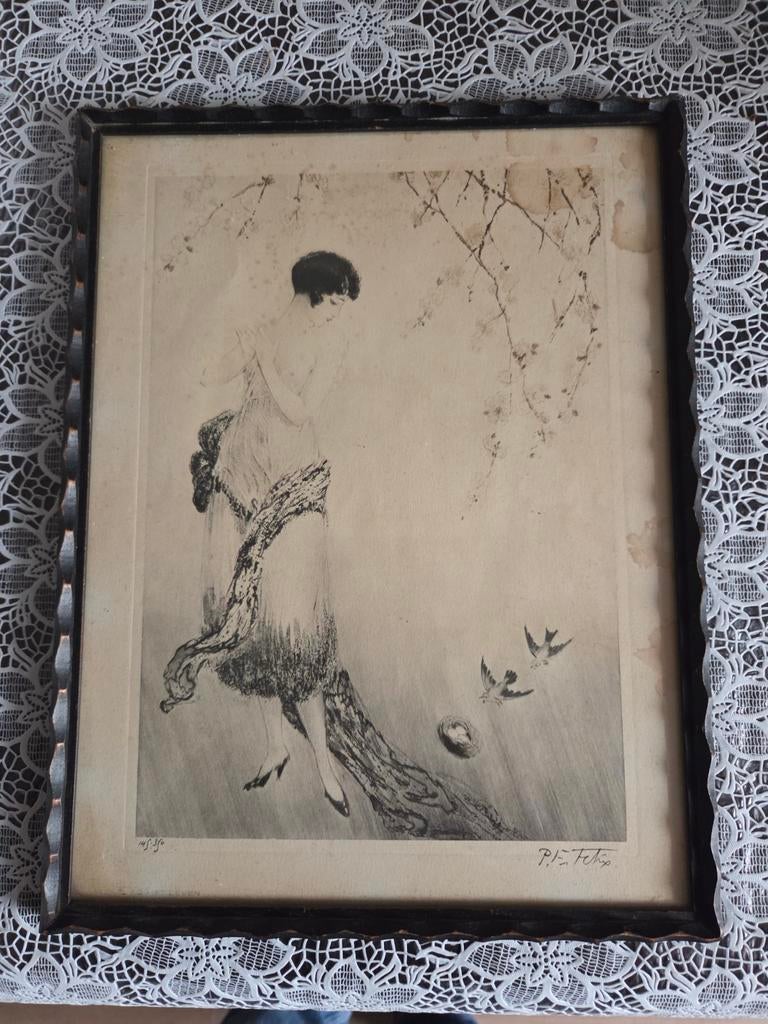 Ets van P. F. Fetus, vrouw met vogels en nest, Antiek en Kunst, Ophalen of Verzenden