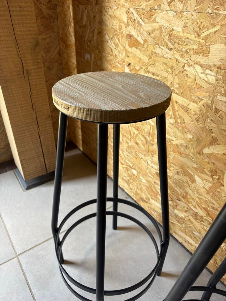 Barkrukken 3 stuks, 74 cm hoog, staal en eikenhout, Gebruikt, Met voetsteun, 60 tot 90 cm, Ophalen of Verzenden