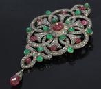 Zeldzame robijn diamanten smaragd 14k gouden antieke hanger, Verzenden, Goud, Hanger, Met edelsteen