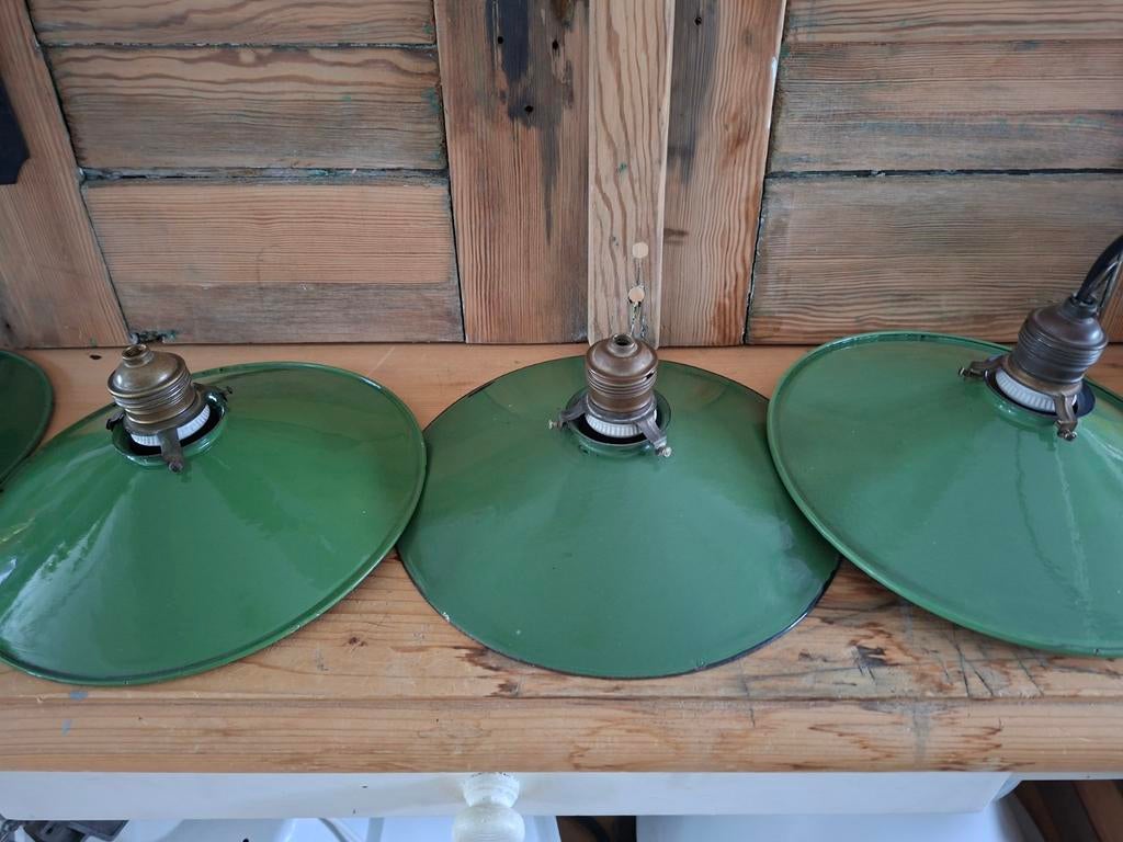 Groen emaille hanglampen , franse schotel lampen, Huis en Inrichting, Lampen | Hanglampen, Ophalen of Verzenden, Minder dan 50 cm