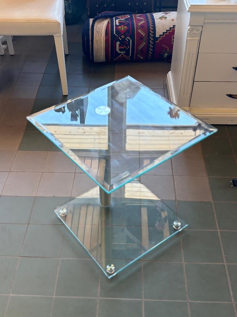 Modern Glazen Bijzettafel Metaal Transparant Draaibaar, Minder dan 55 cm, Gebruikt, Vierkant, Glas