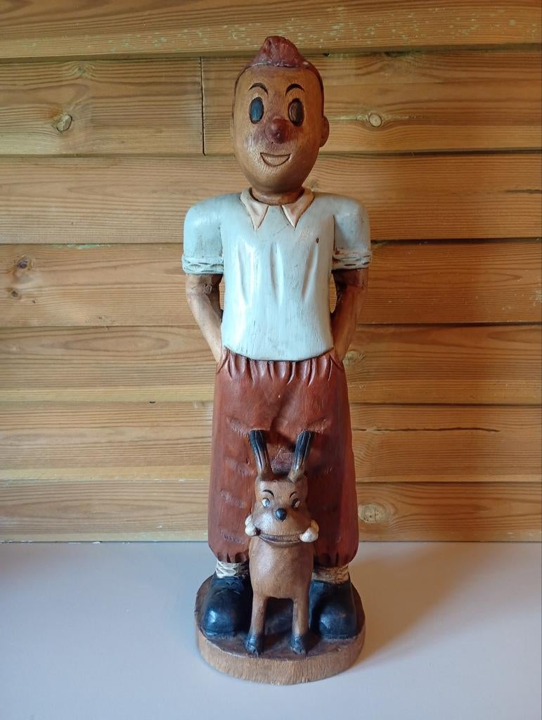 Houten beeld Kuifje met bobby- Handgesneden, Antiek en Kunst, Overige onderwerpen, Handgemaakt, Ophalen of Verzenden, 20 - 50 cm