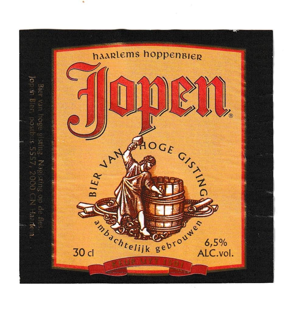 Bieretiket  Jopen Haarlems Hoppenbier-  Jopen, Haarlem, Verzamelen, Ophalen of Verzenden, Zo goed als nieuw, Overige typen, Overige merken