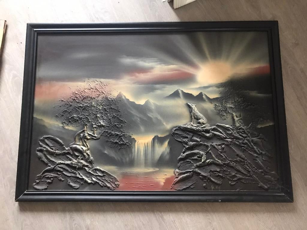 Schilderij 97x 67cm wolf boom zon, Ophalen