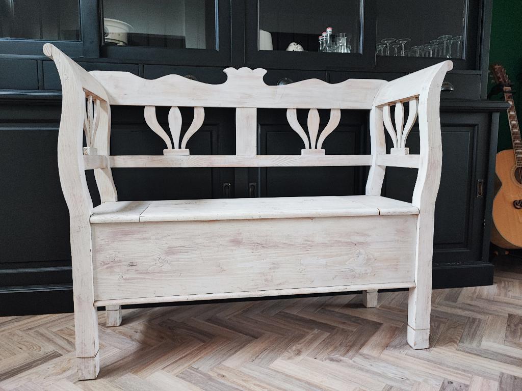 Houten opbergbankje in whitewash, Ophalen, Overige maten, Zo goed als nieuw, Minder dan 150 cm
