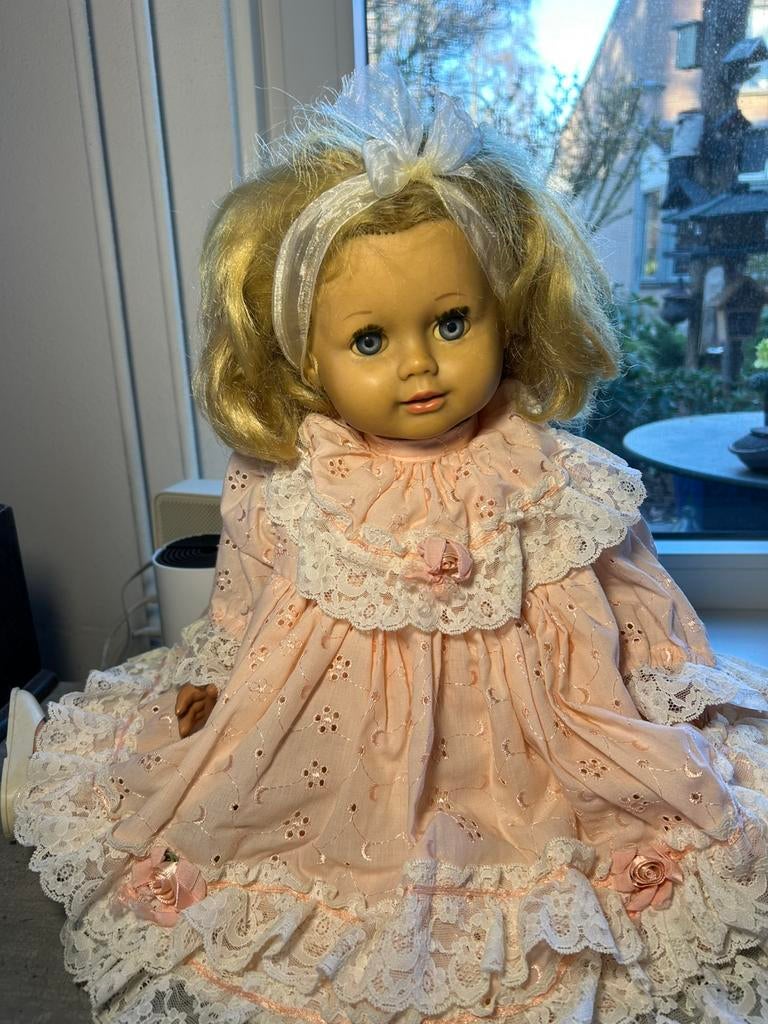Vintage Schildpad pop met mooie kleding 56 cm hoog, Verzamelen, Poppen, C, Ophalen of Verzenden, Zo goed als nieuw, X