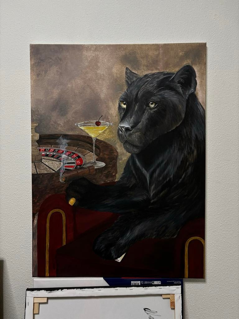 Panter Schilderij met Roulette en Cocktail handgeschilderd,, Ophalen of Verzenden