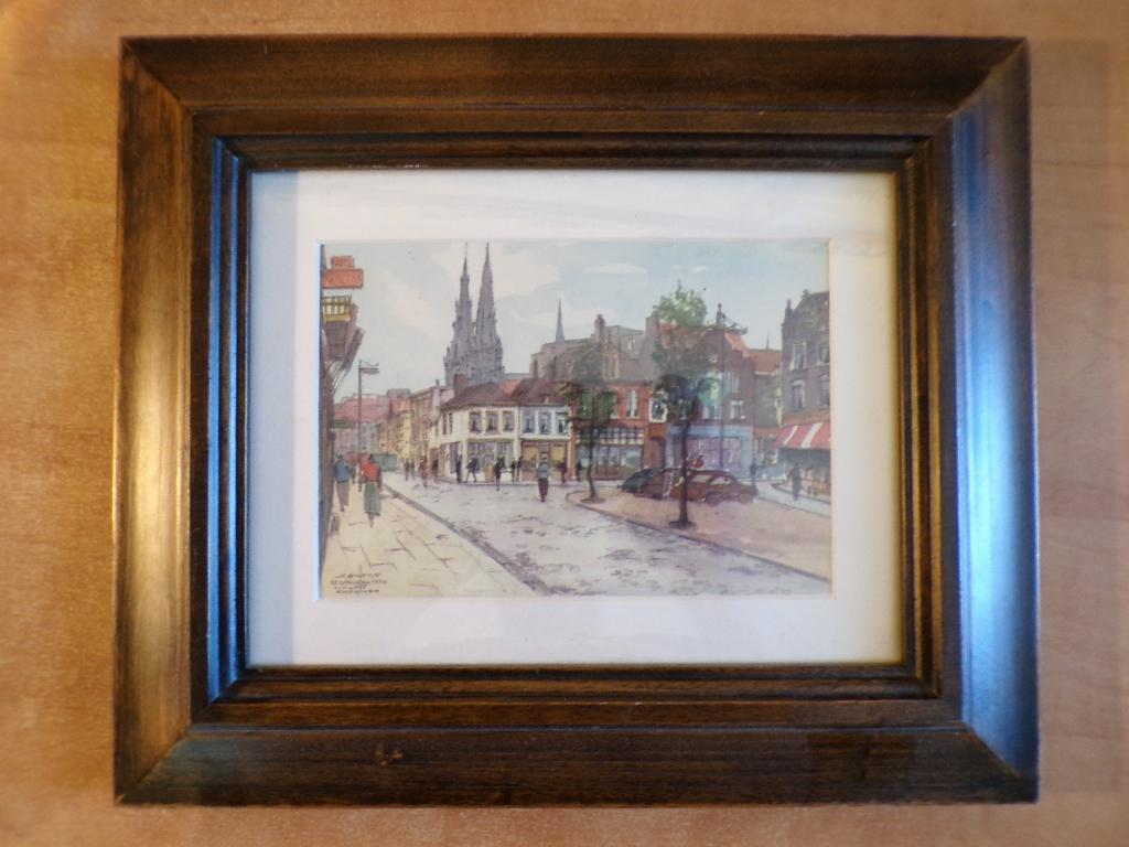 kleurenaquarel/-prent Markt Eindhoven ca. 1960 J. den Hengst, Gebruikt, Ophalen of Verzenden, 1940 tot 1960, Gebouw