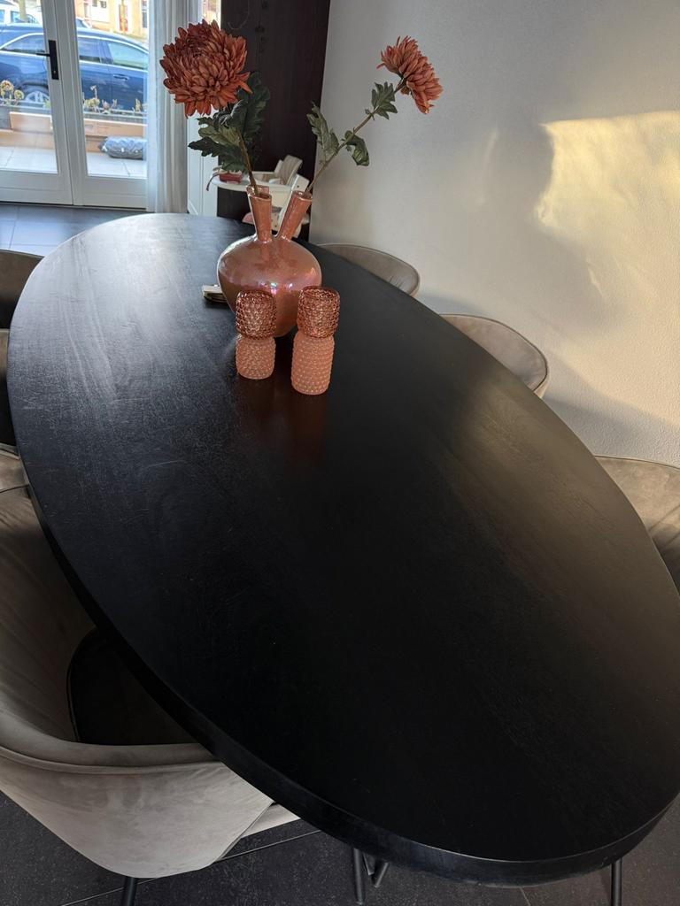 Zwarte mangohouten eettafel, Ophalen, Gebruikt, 100 tot 150 cm, 200 cm of meer