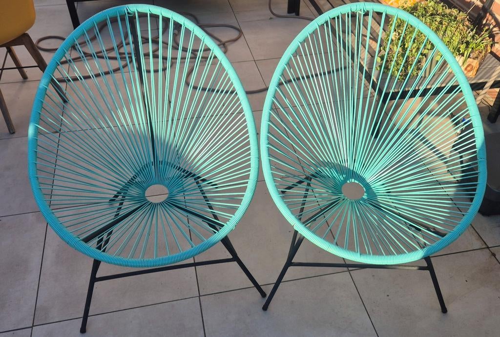 2 draadstoelen buiten aqua blauw groen / mint met zwart, Ophalen, Kunststof
