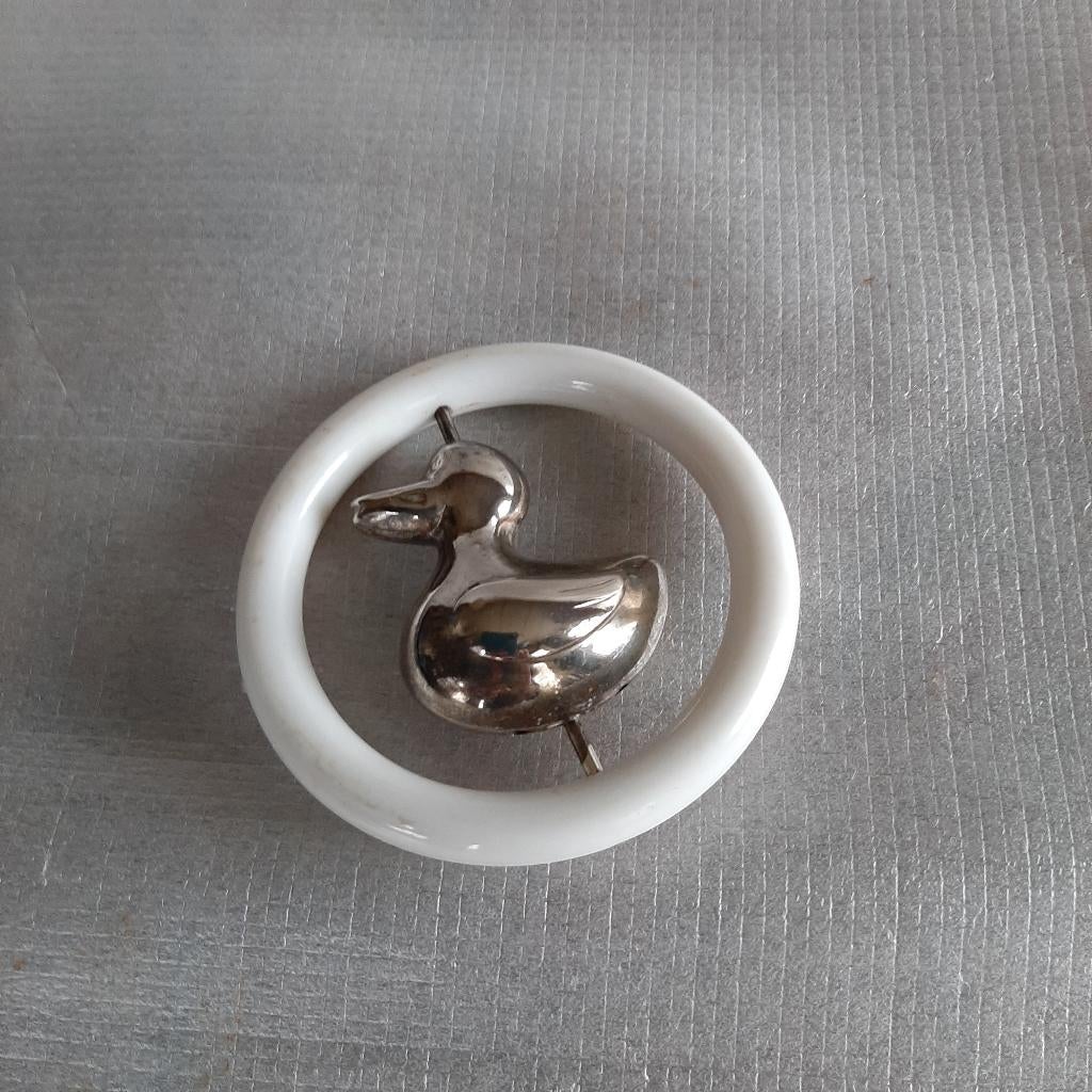 Bijtring / rammelaar eendje verzilverd ongemerkt, Antiek en Kunst, Ophalen of Verzenden