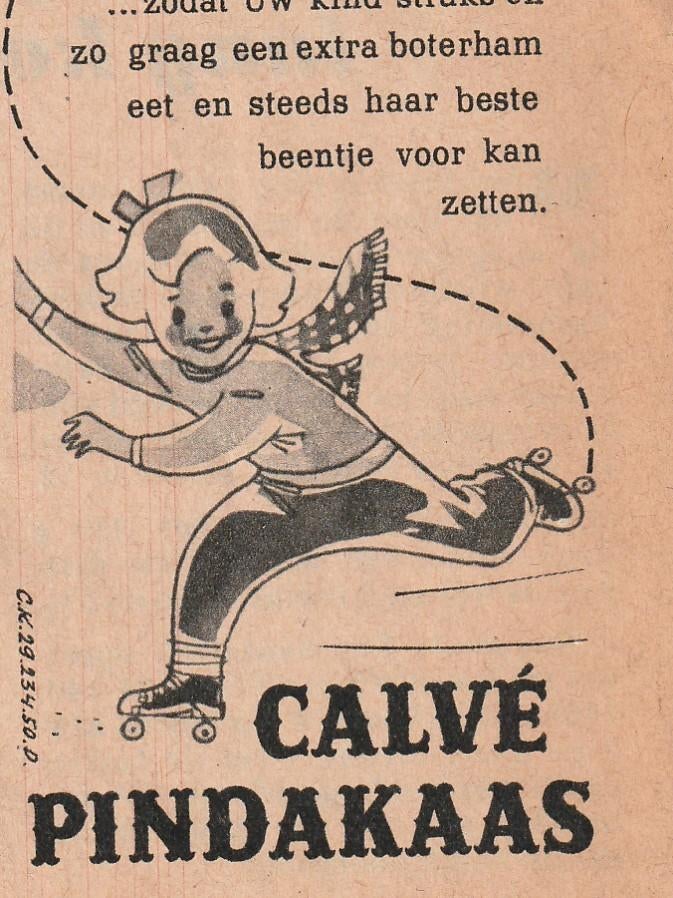 retro reclame 1955 Calvé pindakaas meisje rolschaatsen, Verzamelen, Retro, Verzenden, Overige typen