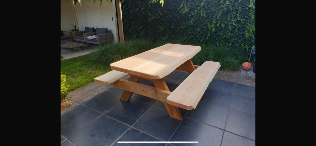 Douglas picknicktafels boomstamvorm buitentafel tafel, Ophalen of Verzenden, Zo goed als nieuw, Rechthoekig, Hout