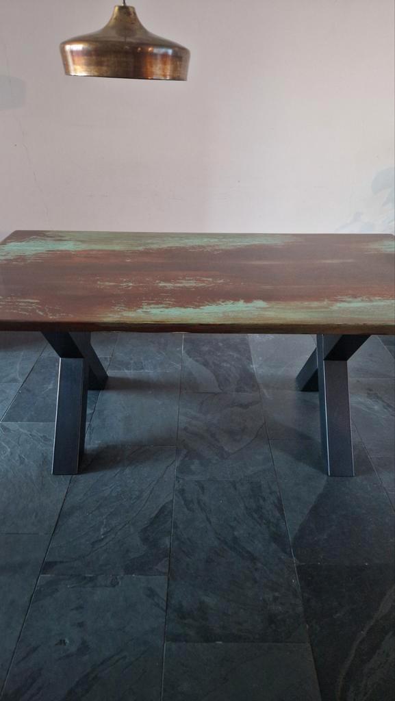Unieke koperen tafel met epoxyhars afwerking, Huis en Inrichting, Tafels | Eettafels, Gebruikt, 50 tot 100 cm, 200 cm of meer