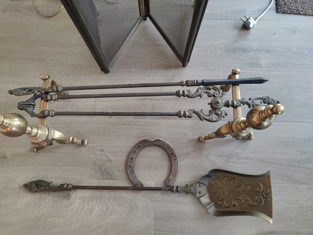 Massieve messing openhaardset - klassiek haardgereedschap, Ophalen, Vrijstaande haard, Houthaard