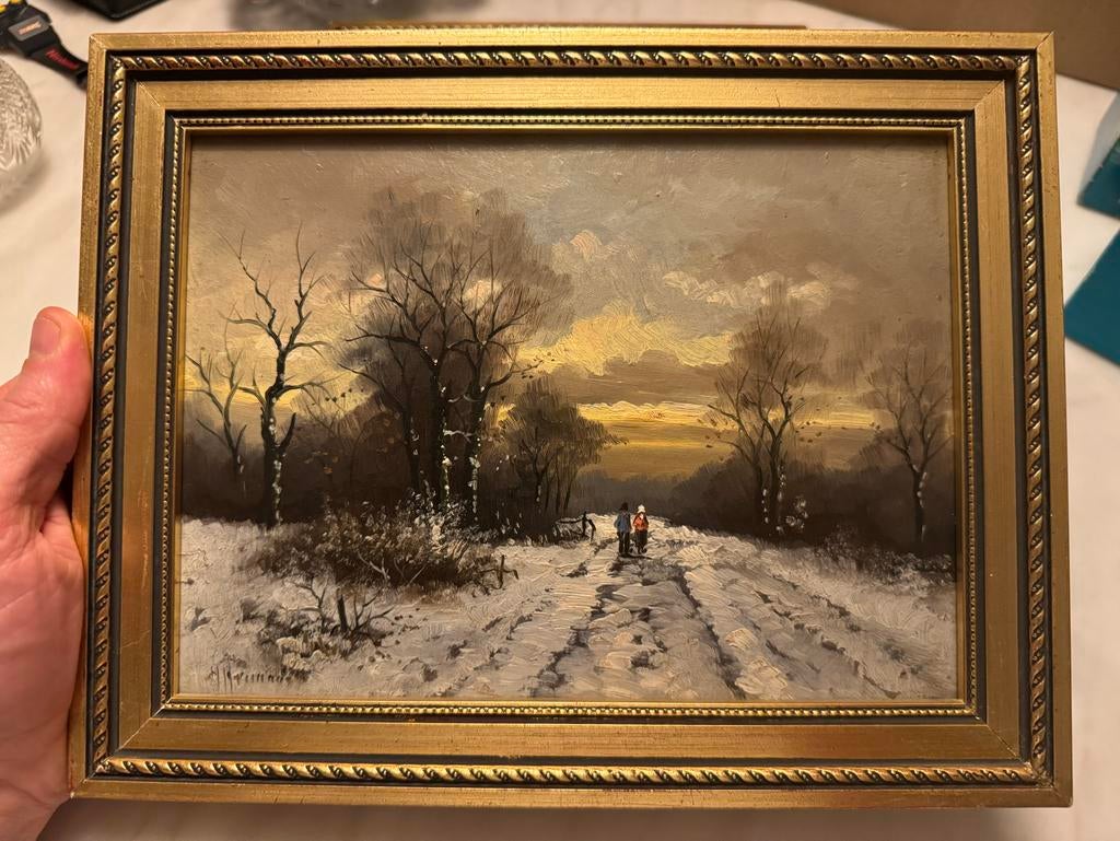 H. Hermans Winters Landschap - Olieverf op Board, Antiek en Kunst, Ophalen of Verzenden