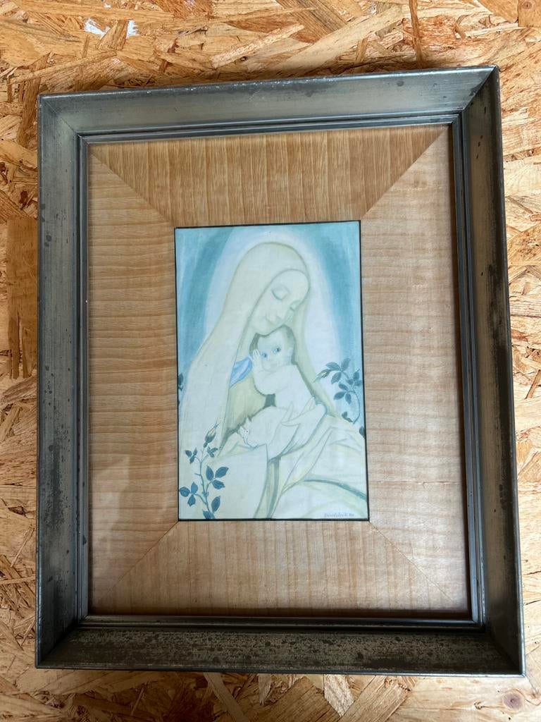Oude lijst met portret Maria en houten paspartout uit 1932, Antiek en Kunst, Kunst | Schilderijen | Klassiek, Ophalen of Verzenden