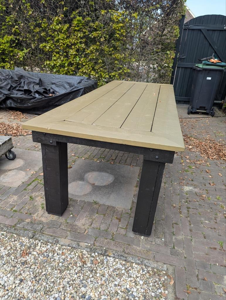 Steigerhouten eettafel 275x102cm - Groen/Goud blad, Ophalen, Gebruikt, Rechthoekig, Hout