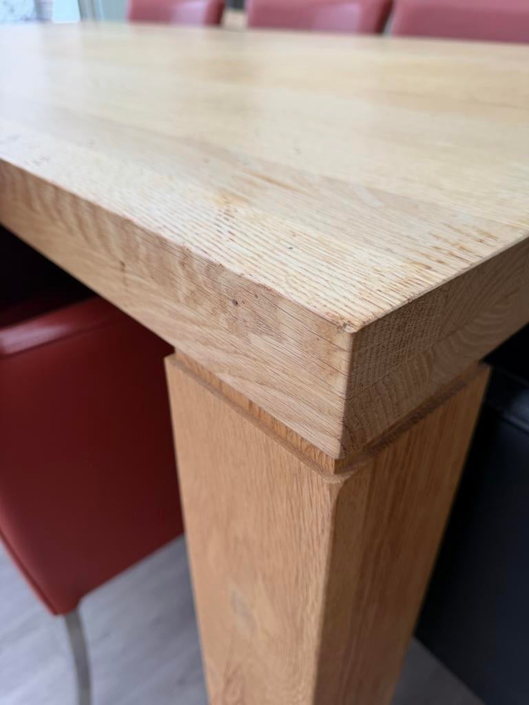 Eiken eettafel (230x100) met 8 leren stoelen, Gebruikt, 100 tot 150 cm, Eikenhout, 200 cm of meer