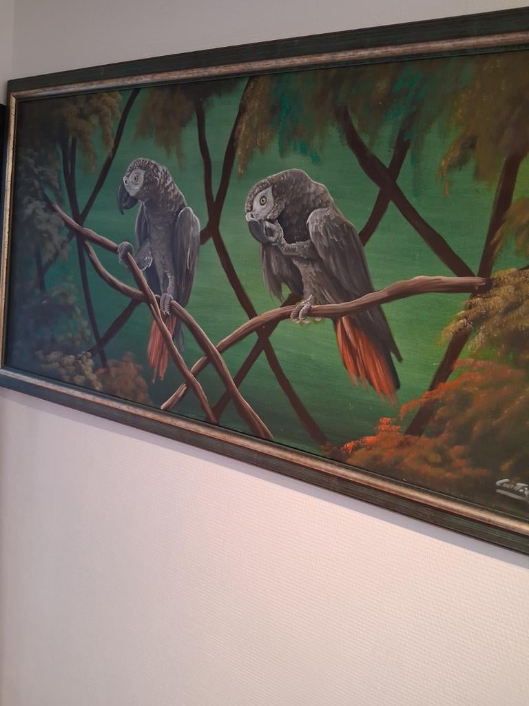 Grijze roodstaart schilderij, Meerdere dieren, Parkiet