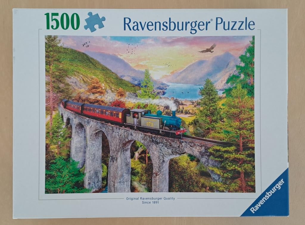 Ravensburger Puzzle trein op brug 1500 stukjes, Ophalen of Verzenden, 500 t/m 1500 stukjes, Zo goed als nieuw, Legpuzzel