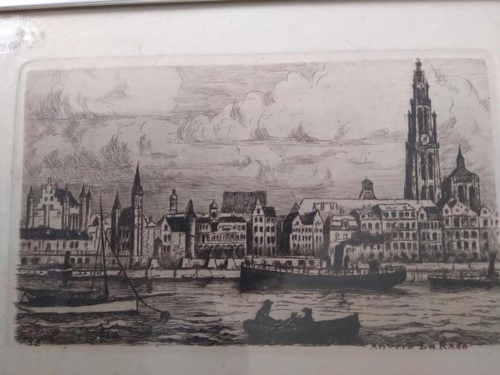 Antwerpse skyline ets, Antiek en Kunst, Kunst | Etsen en Gravures, Ophalen of Verzenden