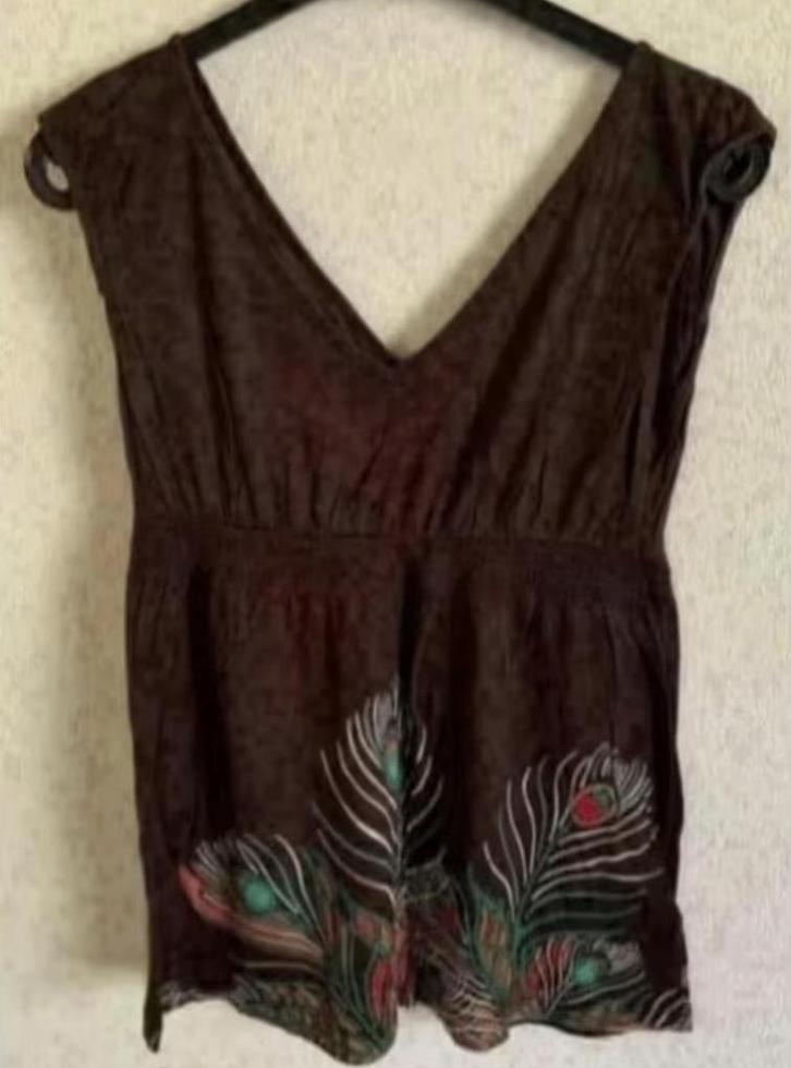 Bruine top, hemd V-hals pauwveren; XS; H&M, Hennis & maurits, Kleding | Dames, Tops, Gedragen, Maat 34 (XS) of kleiner, Bruin