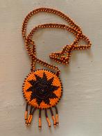 Vintage retro boho hippie glaskralen leren ketting sieraad, Oranje, Ophalen of Verzenden, Zo goed als nieuw, Overige materialen