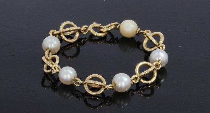 Baby kinder parel armband 14k gouden design schakel fraai, Sieraden, Tassen en Uiterlijk, Armbanden, Zo goed als nieuw, Goud, Goud