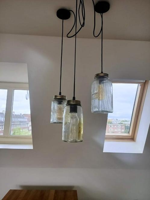 Set van 3 hanglampen in glazen potten, Huis en Inrichting, Lampen | Hanglampen, Gebruikt, 50 tot 75 cm, Glas, Ophalen