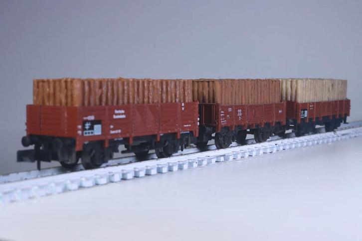 3-delige set open bakwagens met mijnhout, DB, Hobby en Vrije tijd, Modeltreinen | N-Spoor, Gebruikt, Wagon, Gelijkstroom, Overige merken