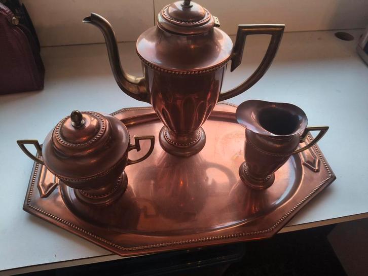 Antiek koperen thee of koffieservies., Antiek en Kunst, Antiek | Koper en Brons, Ophalen of Verzenden