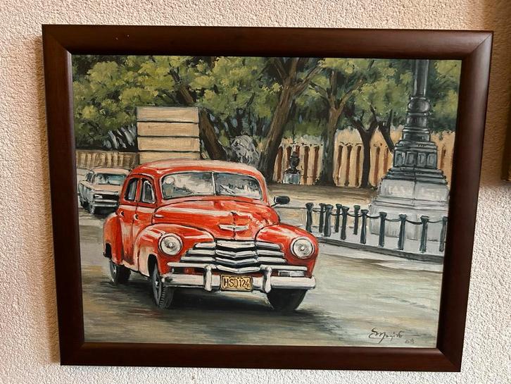 Cuba Chevrolet rood auto oldtimer klassieker Schilderij, Antiek en Kunst, Kunst | Schilderijen | Klassiek, Ophalen of Verzenden