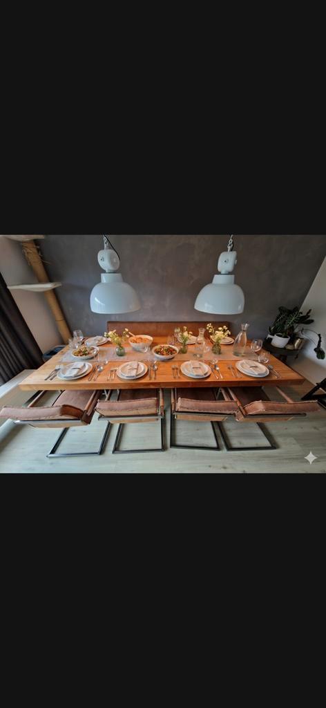 Massief Teak Eetkamerset met Leren Stoelen & Bank, Huis en Inrichting, Tafels | Eettafels, 200 cm of meer, Rechthoekig, Teakhout