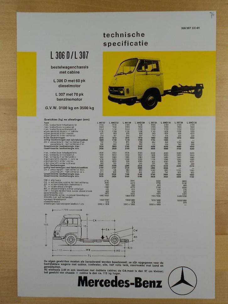 Mercedes 306 307 Technische Specificatie folder 1975 306D, Boeken, Auto's | Folders en Tijdschriften, Zo goed als nieuw, Mercedes