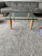 Montis vintage tafel. glas. Eikenhout poten, chroom., Huis en Inrichting, Tafels | Salontafels, Eikenhout, Zo goed als nieuw, Minder dan 50 cm