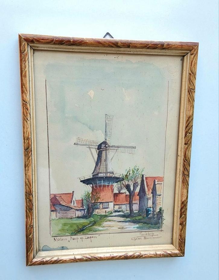 Oude Aquarel Molen Hoop Op Zegen Hoofddorp Schilderij, Antiek en Kunst, Curiosa en Brocante, Verzenden