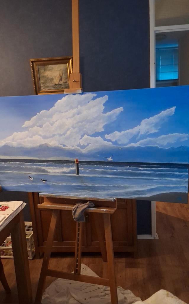 Schilderij van de zee met wolkenlucht, Antiek en Kunst, Kunst | Schilderijen | Klassiek, Ophalen of Verzenden
