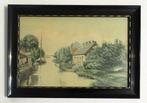Leuk schilderij Boerderij aan het water, aquarel uit de ´50, Ophalen of Verzenden